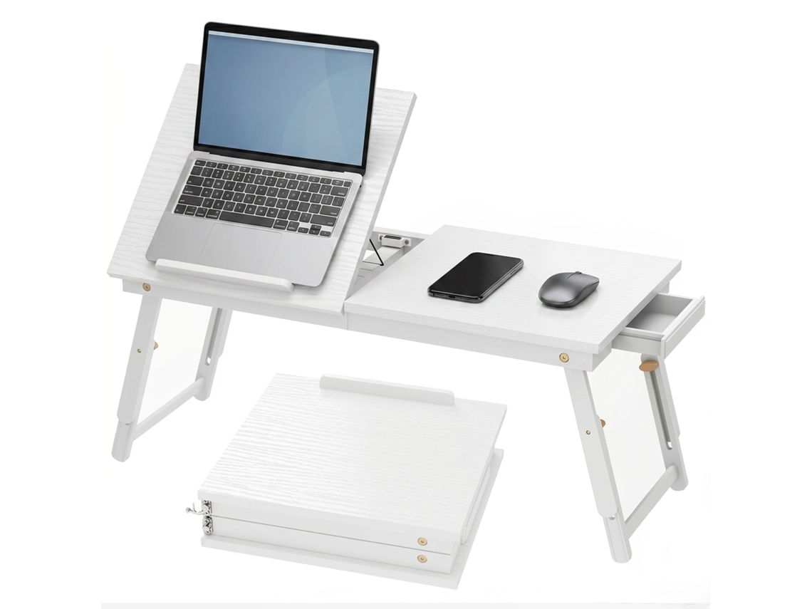 Mesa De Cama Dobrável E Ajustável, Bandeja De Bambu Para Laptop Com Inclinação, 83,5 X 33 X 34 Cm, Branca