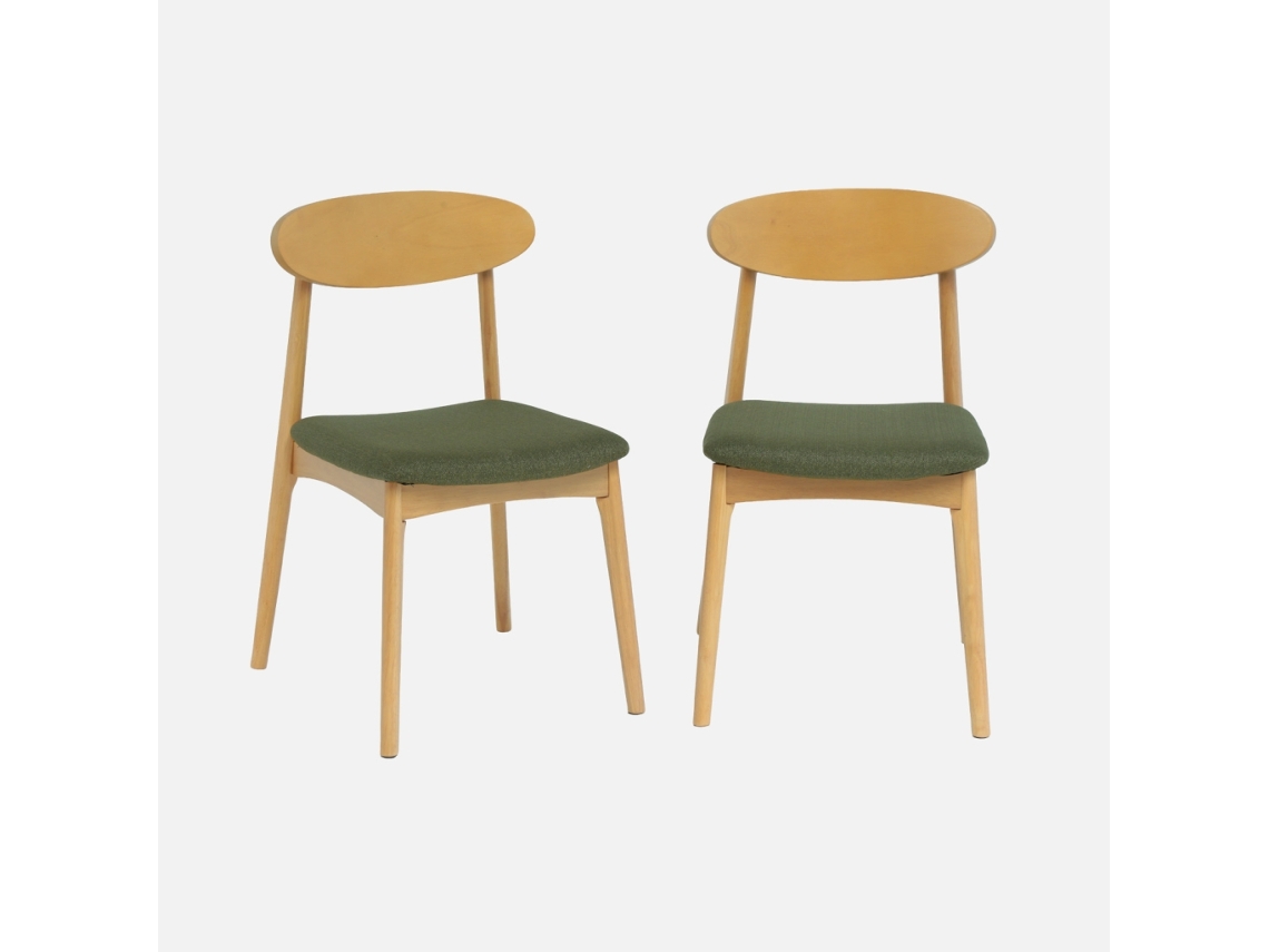 Cadeira Vintage Em Madeira De Seringueira E Tecido, Set De 2, Verde Caqui
