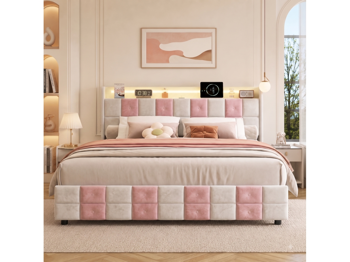 Cama Casal 140x190 Cm Com 4 Gavetas De Arrumação, Iluminação Led E Cabeceira Com Usb E Tipo-c, Cama Estofada Em Veludo, Rosa E Branco