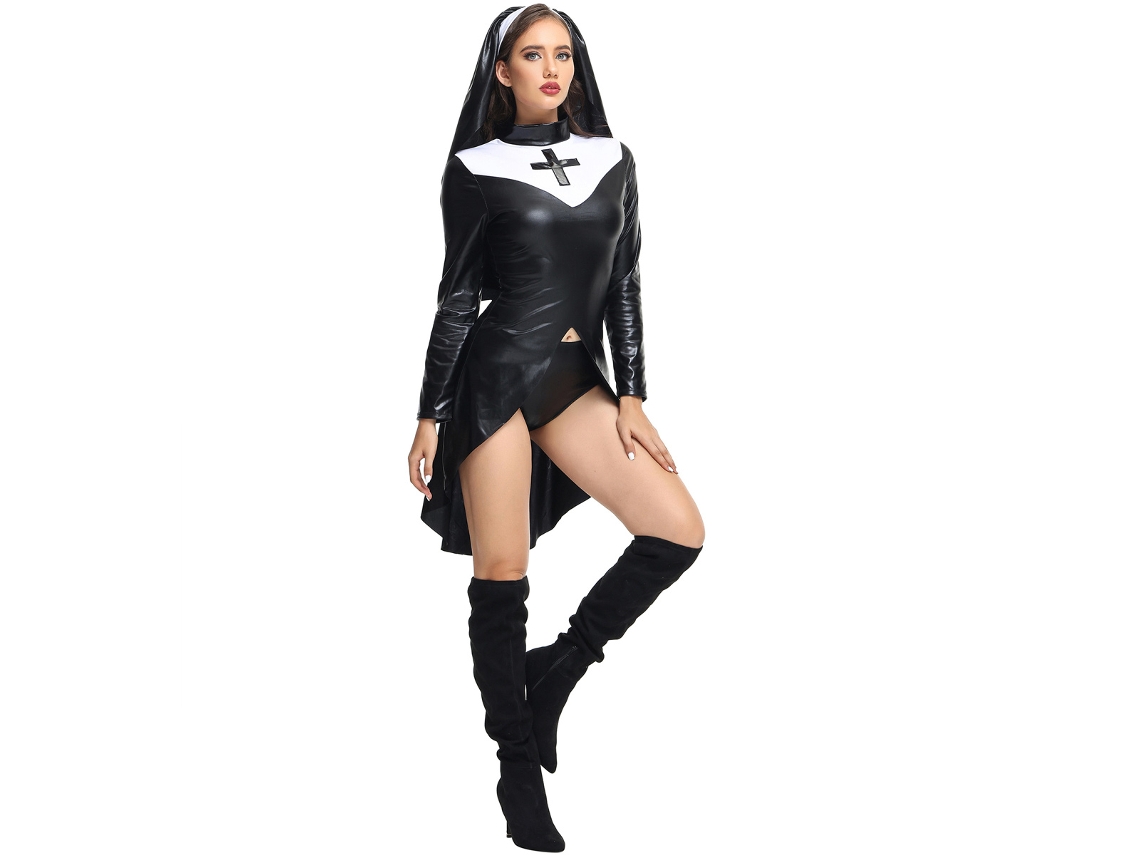 Fantasia de Freira em Couro Sintético para Halloween RNEMITERY