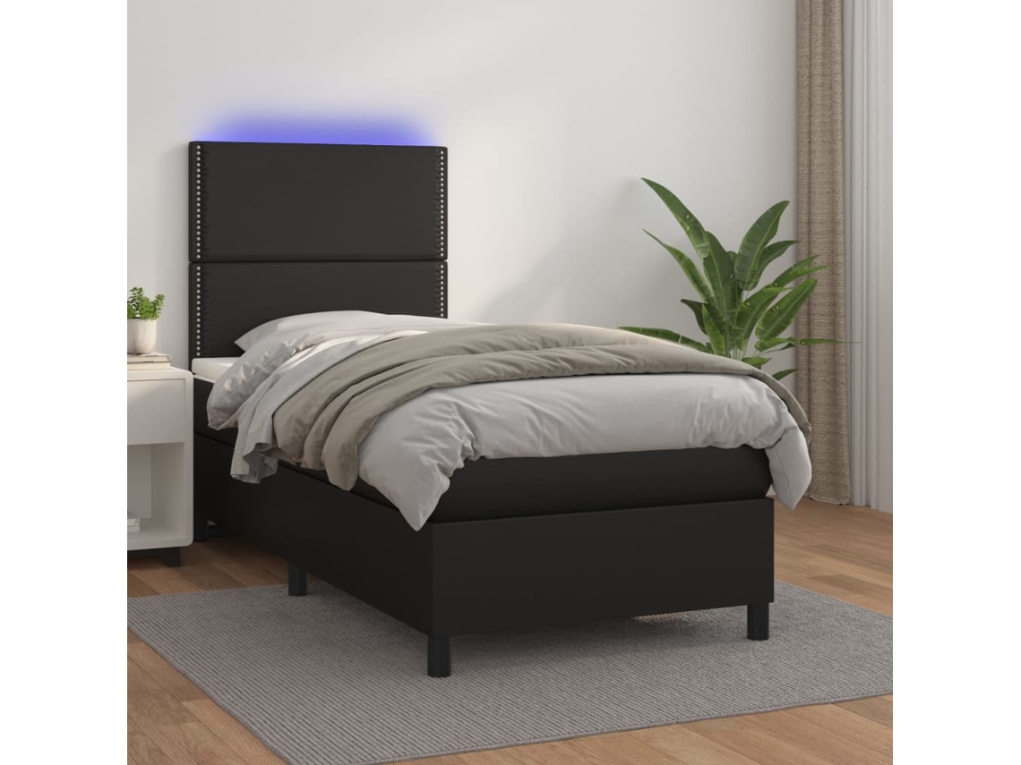 Vidaxl Cama Box Spring C/ Colchão/led 90x200 Cm Couro Artificial Preto