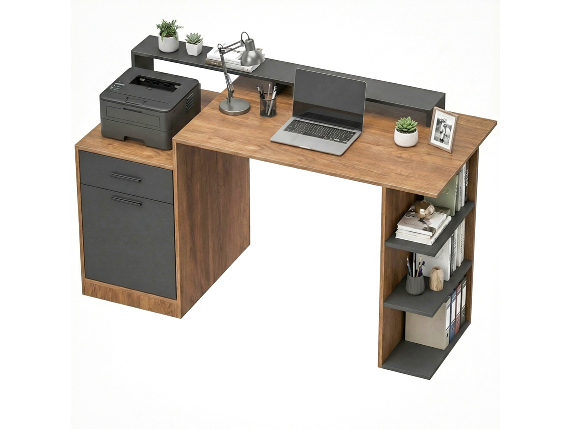 Mesa De Computador Com Espaço De Armazenamento E Prateleiras, Mesa Moderna Para Escritório E Estudo, 140 Cm, Carvalho