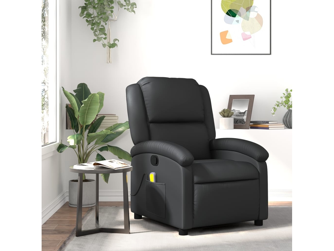 Vidaxl Poltrona De Massagem Reclinável Em Couro Legítimo Preto