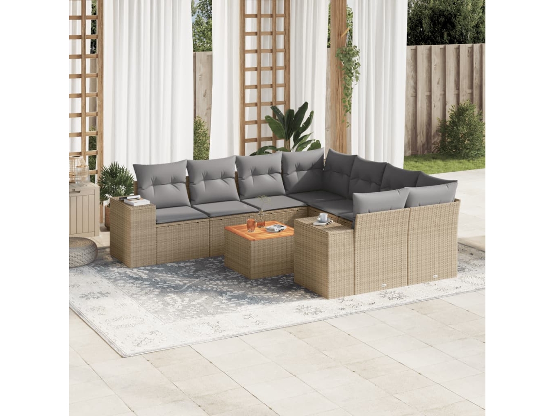 Vidaxl 9 Pcs Conjunto de Sofás P/ Jardim com Almofadões Vime Pe Bege