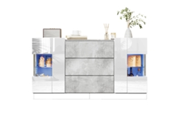 Aparador Elegante Com 2 Portas E 3 Gavetas - Frente Branca Brilhante E Visual Mármore Cinza, Iluminação Led Com 16 Cores, 140 X 35 X 75 Cm Cs