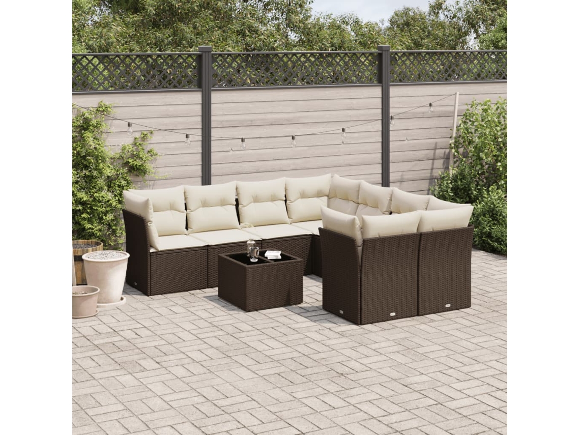 Vidaxl 9 Pcs Conjunto Sofás P/ Jardim C/ Almofadões Vime Pe Castanho