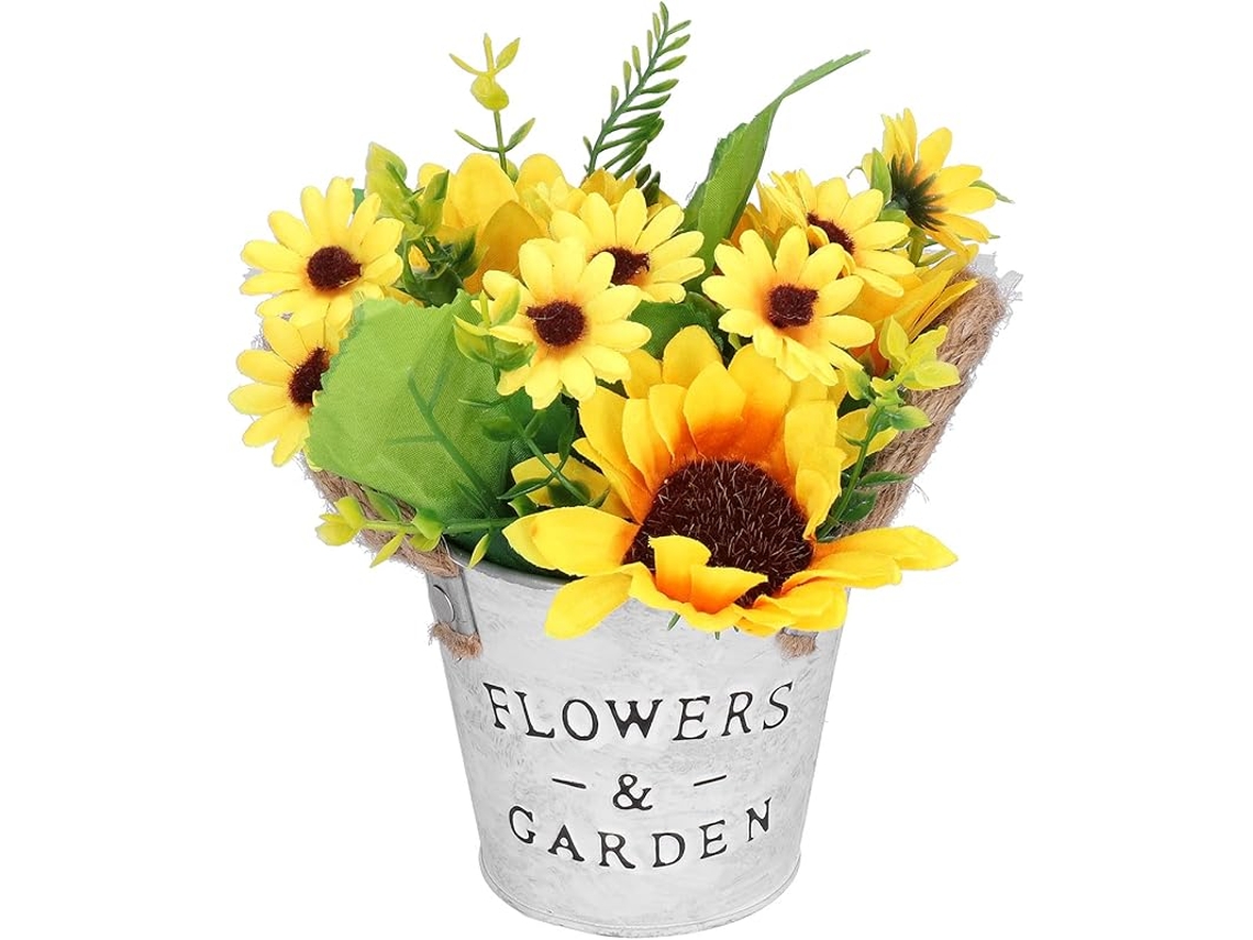 Girassóis Artificiais em Vaso, Flores Artificiais em Vaso de Madeira, Decoração Rústica para Casa, Centro de Mesa para Casamento e Festa AQUAFORGE