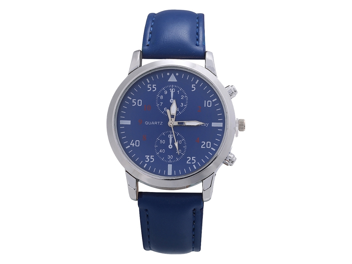 Relógio de Pulso Masculino de Quartzo com Pulseira de Couro Pu Estilo Simples Azul