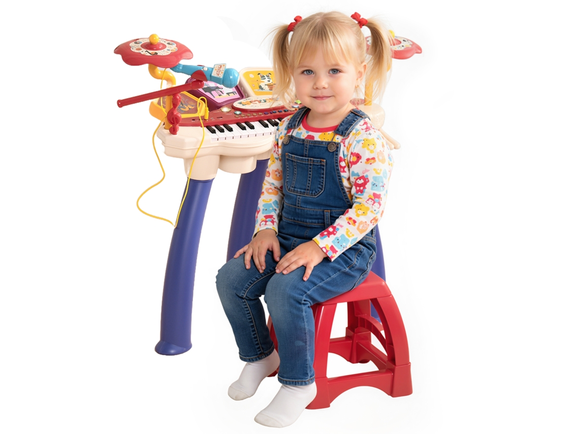 Piano Eletrónico para Crianças com 32 Teclas Microfone Banco Luzes 19 Músicas e Bateria 74x32,2x71 Cm Multicor LAMAISON