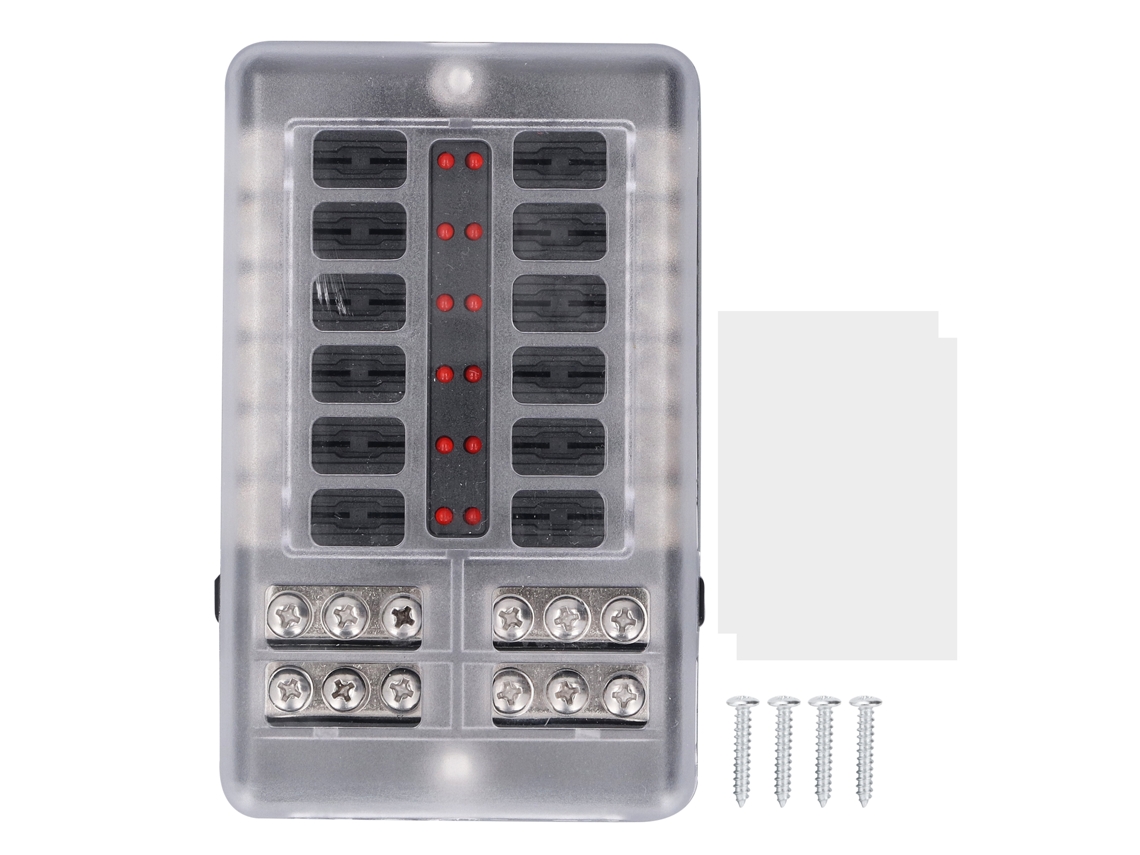 Caixa de Fusíveis de 12 Vias com Luz Indicadora LED Vermelha, Tapa Impermeável, Porta Fusíveis 32V S/MARCA