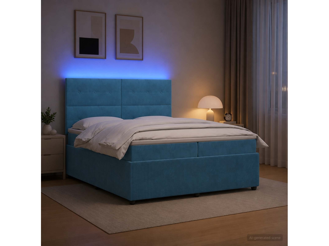 Vidaxl Cama Box Com Led E Colchão Azul 200 X 200 Cm Veludo