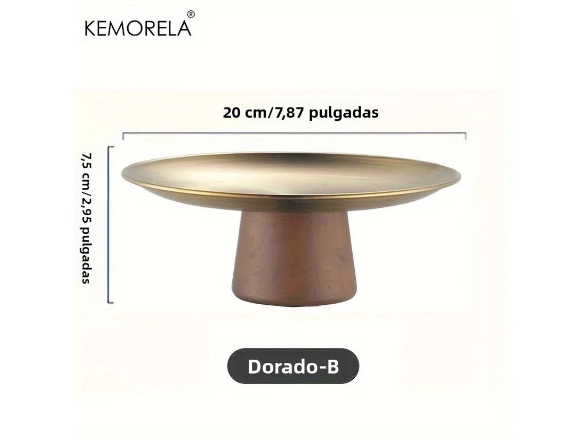 Prato de Sobremesa em Aço Inoxidável Estilo Coreano com Base de Madeira, Perfeito para Exibir Frutas e Decorar a Mesa. MDUG (dourado B)