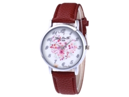 Relógio casual Zhoulianfa com mostrador grande e design floral, pulseira de couro PU marrom.