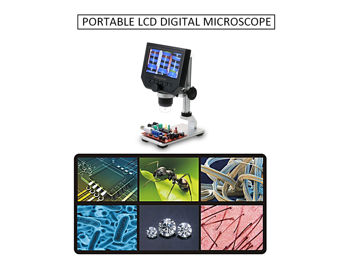 Microscópio Digital Lcd 4.3 Polegadas 600x 3.6mp com Bateria Recarregável e Suporte de Metal