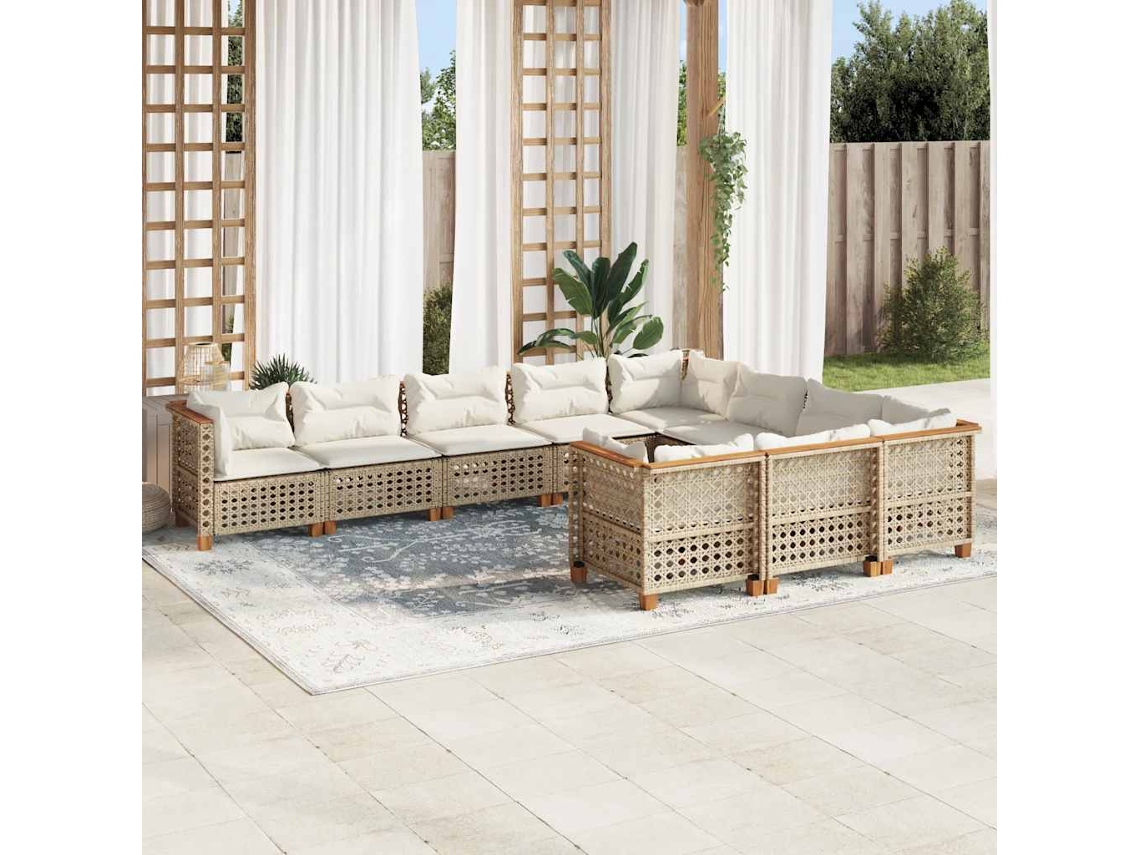 Vidaxl 10 Pcs Conjunto De Sofás P/ Jardim Com Almofadões Vime Pe Bege