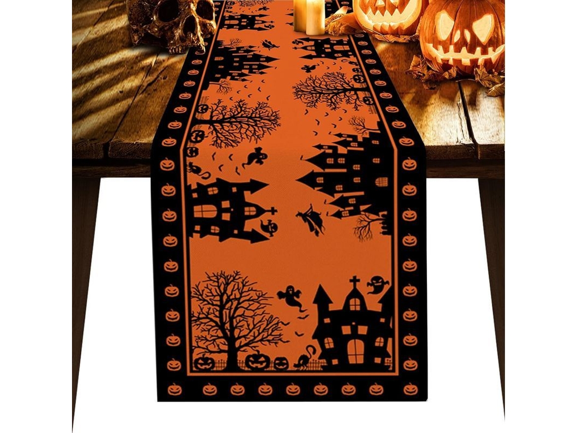 Runner de Mesa Halloween 90 Polegadas Casa Assombrada Abóboras Laranja Preto