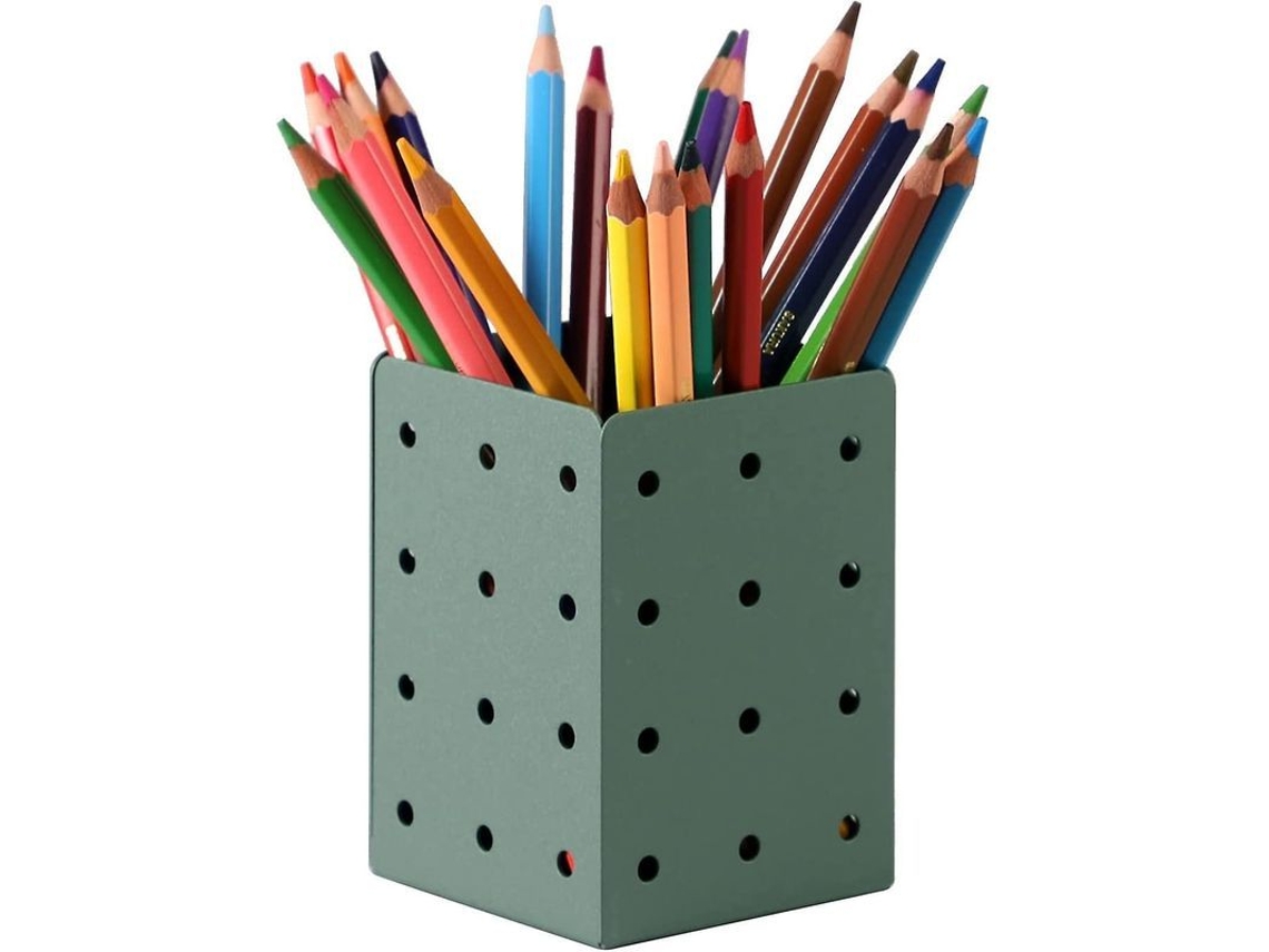 Porta-lápis vintage verde em metal, modelo 2026, ideal para escritório, casa e maquiagem.