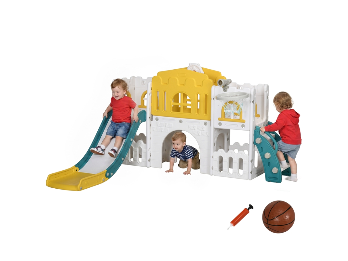 Escorregador Infantil, Estrutura 7 Em 1, Com Basquete E Volante, Para 1-3 Anos, 178x177x99cm, Amarelo/branco/verde