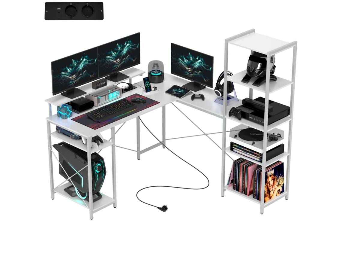 Mesa de escritório em L com estação de carregamento, suporte para monitor, prateleiras, branco BTFORUS