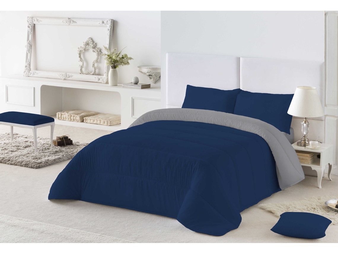 Edredão Liso Bicolor Cama 135/150 Microfibra de Poliéster Feita na Espanha Azul 1/L.807 Cinza NATURALS