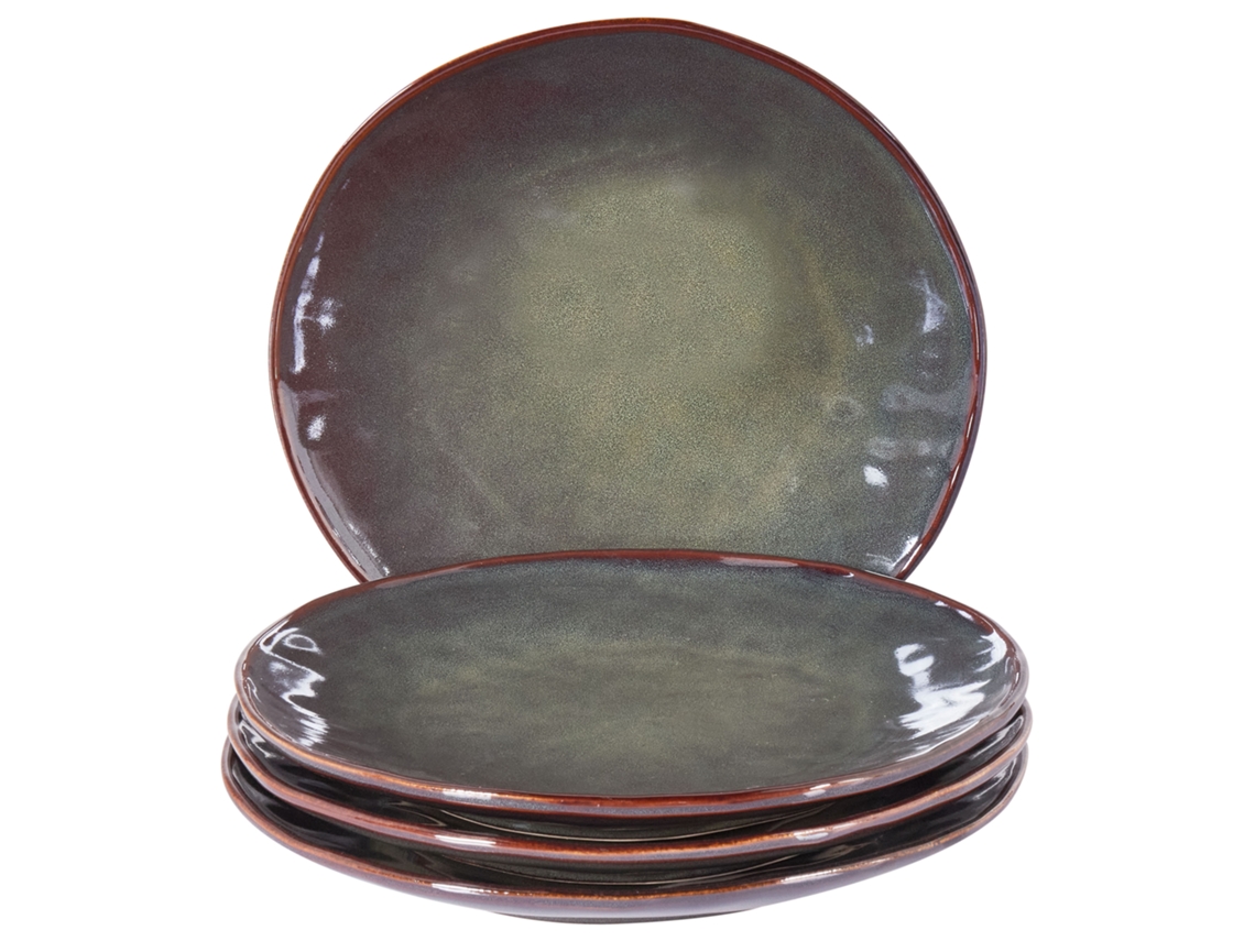 Conjunto De 4 Pratos Rasos Thyme Grés Verde Escuro