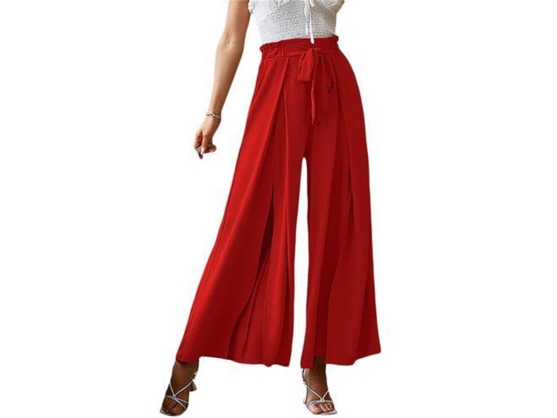 2026 pantalones de Mujer de Alto Talle Con Volante Y Abertura Elegantes Y Fluyentes para Lounge XXL Rojo