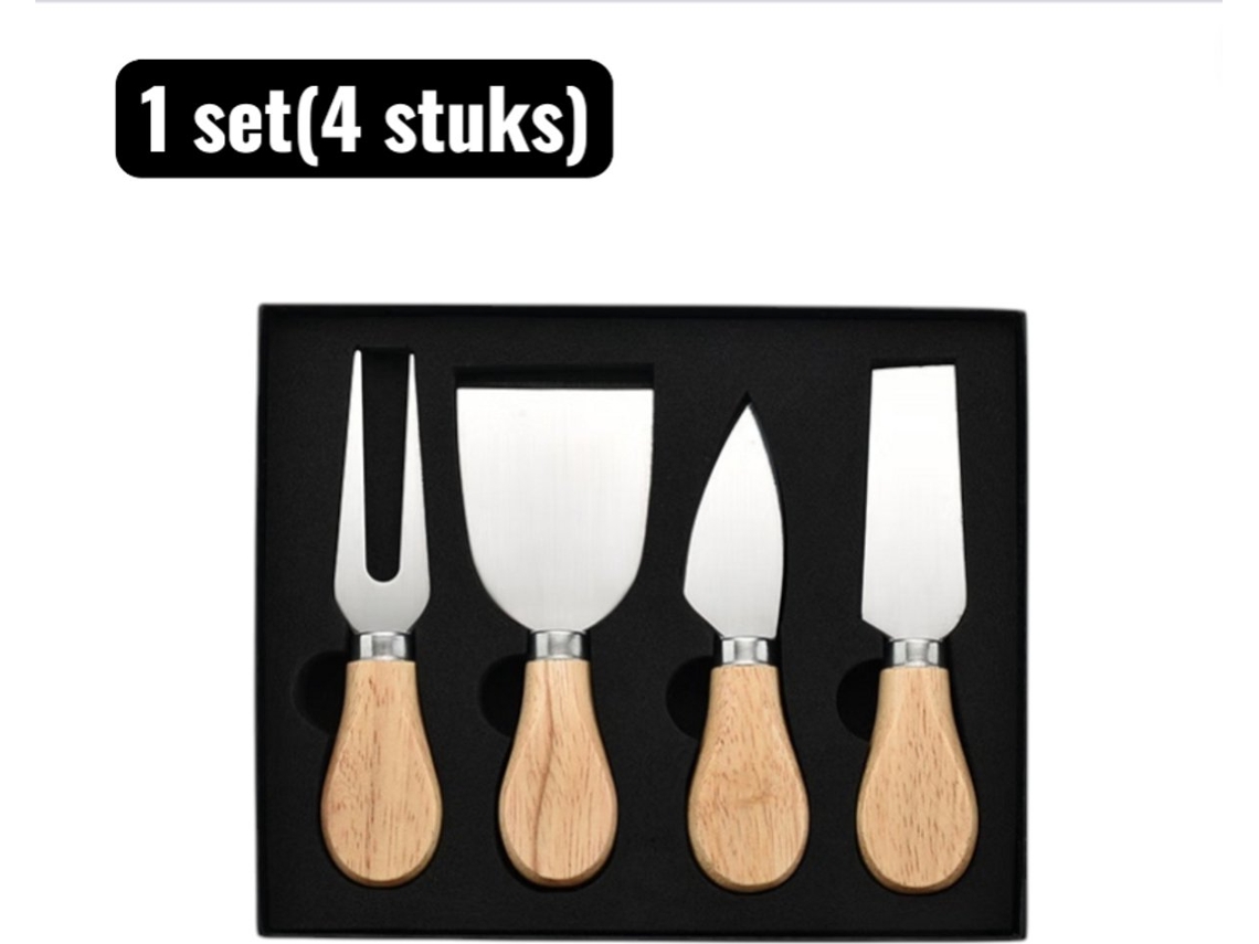 Conjunto De 4 Utensílios Para Queijo Com Cabo De Carvalho E Lâminas De Aço Inoxidável Prateado, Para Tábua De Queijos