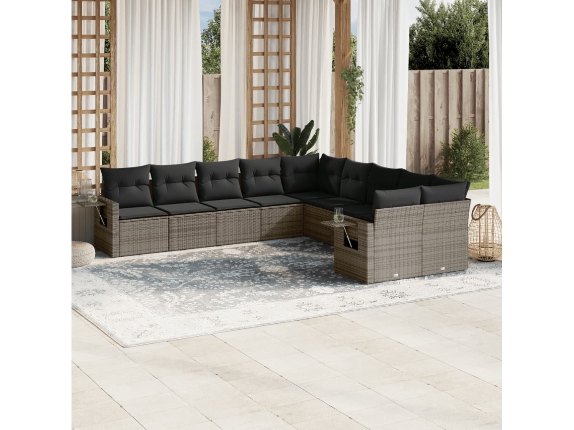 Vidaxl 10 Pcs Conjunto Sofás De Jardim C/ Almofadões Vime Pe Cinzento