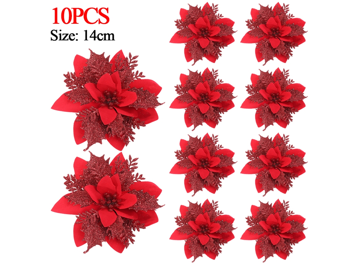 5/10 Unidades De Flores Artificiais De Natal Em Formato De Poinsétia Com Glitter, 14 Cm, Com Prendedores, Para Decoração De Árvore Aquaforge