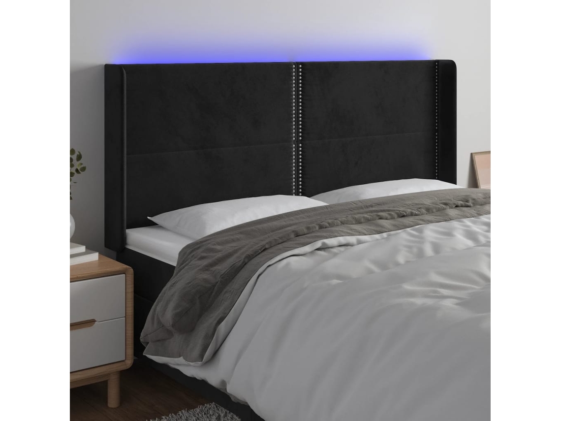 Vidaxl Cabeceira De Cama C/ Luzes Led Veludo 203x16x118/128 Cm Preto