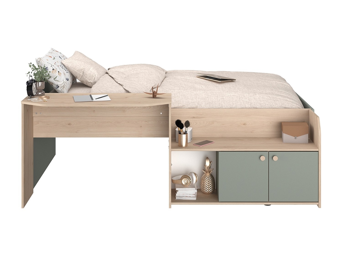 Cama Combinada Com Secretária E Arrumação Mivona Vente-unique Verde Amêndoa, Natural Claro 90 X 190 Cm, 90 X 200 Cm - Sem Colchão - Sem Estrado