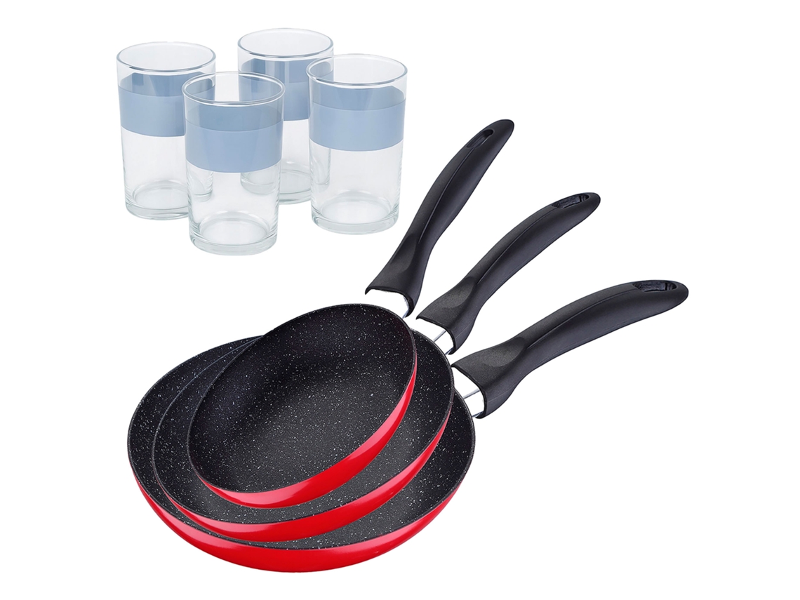 Conjunto De 3 Frigideiras Bergner Em Mármore Vermelho Marinho, Ø16ø20ø24cm, Com Conjunto De Copos.