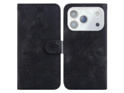 Capa Para Iphone 17 Pro Max Com Suporte, Em Couro Com Relevo De Lírio E Alça De Pulso, Na Cor Preta.