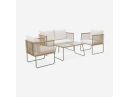 Conjunto De Jardim Com Sofá Em Corda E Aço Galvanizado, 4 Lugares, Verde Caqui E Branco