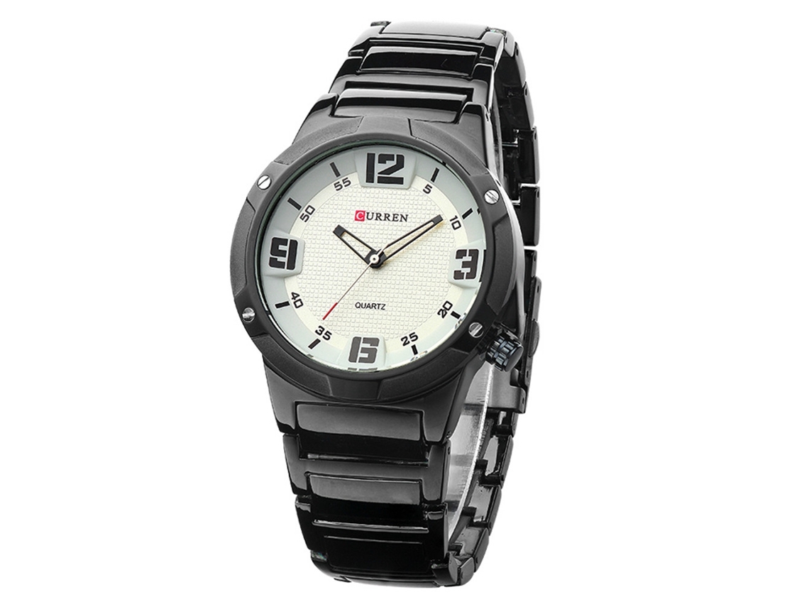 Relógio de pulso masculino à prova d'água com movimento de quartzo e pulseira de liga metálica (preto, branco e preto).
