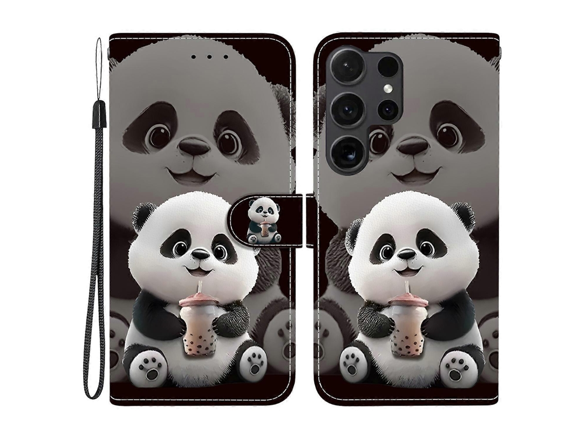 Capa De Couro Tkdaddy Para Samsung Galaxy S25 Ultra Com Suporte, Carteira, Estampa, Capa Para Celular Com Alça De Pulso, Milk Tea Panda