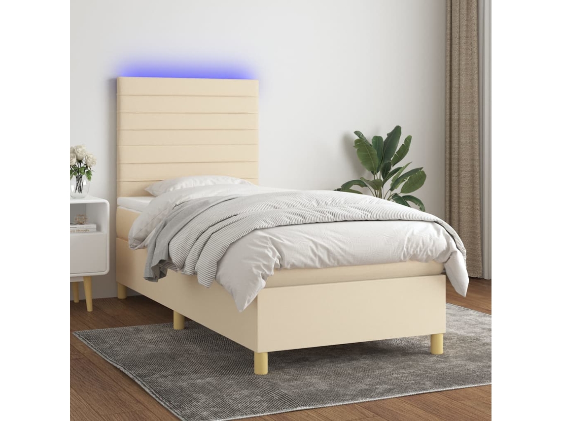 Cama Box Spring C/ Colchão E Led 90x190 Cm Tecido Cor Creme