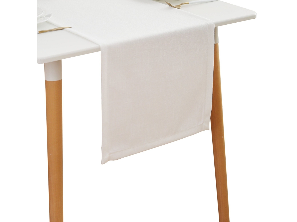 Caminho De Mesa 30x140 Cm Branco, Efeito Linho Em Poliéster, Impermeável Com Efeito Lotus E Lavável