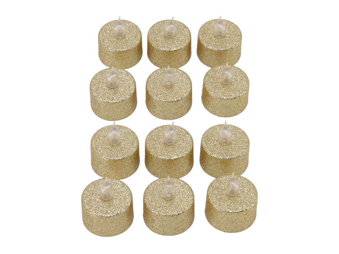 Velas de LED sem chama, alimentadas por bateria, 2026, velas decorativas tipo chá, 12 unidades, douradas, para Natal e casamento.