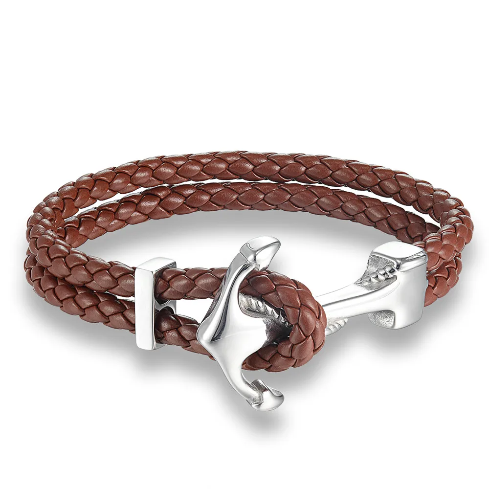 Pulseira New Hope em Couro Genuíno em Formato de Âncora , com Pingente em Aço Inoxidável. MDUG (cor Prata, 19 Cm)