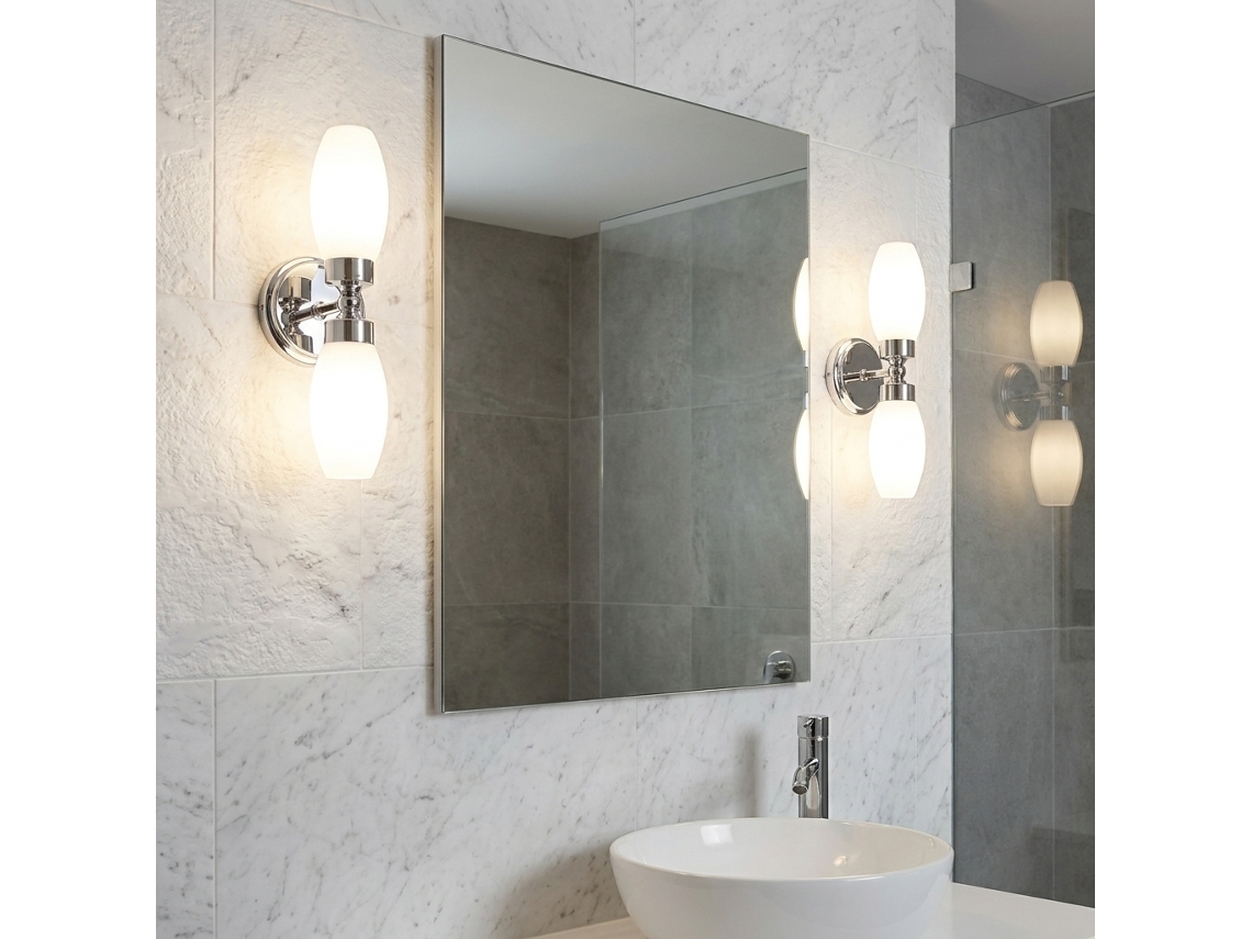 Aplique De Casa De Banho Para Espelho, Base Metálica Cromada E Vidro Opal, Ip44, 2xe14 Máx. 20w "duolia"