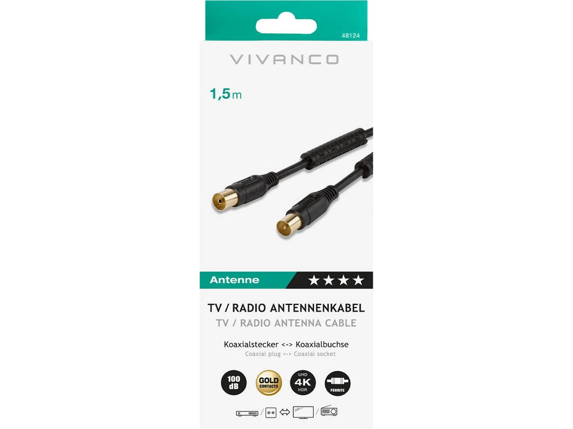 Cabo Coaxial VIVANCO Antena Gold 150CM (Preto)