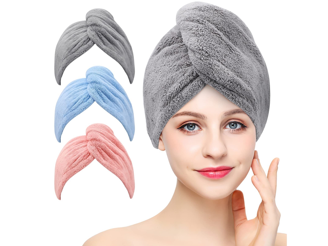 Pacote Com 3 Toalhas De Microfibra Para Cabelo (cinza, Rosa E Azul) Super