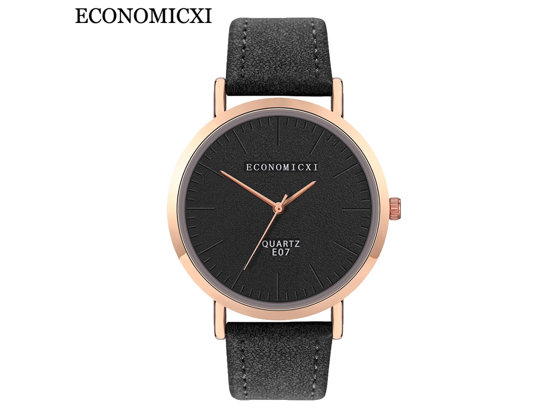 Reloj De Pulsera Unisex Minimalista De Cuero Pu Con Dial Redondo Negro De Cuarzo
