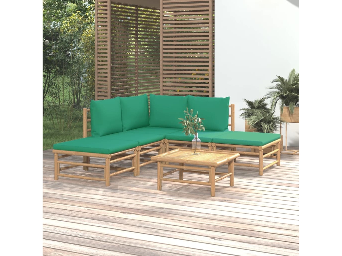 Vidaxl 6 Pcs Conjunto Lounge De Jardim Bambu C/ Almofadões Verdes