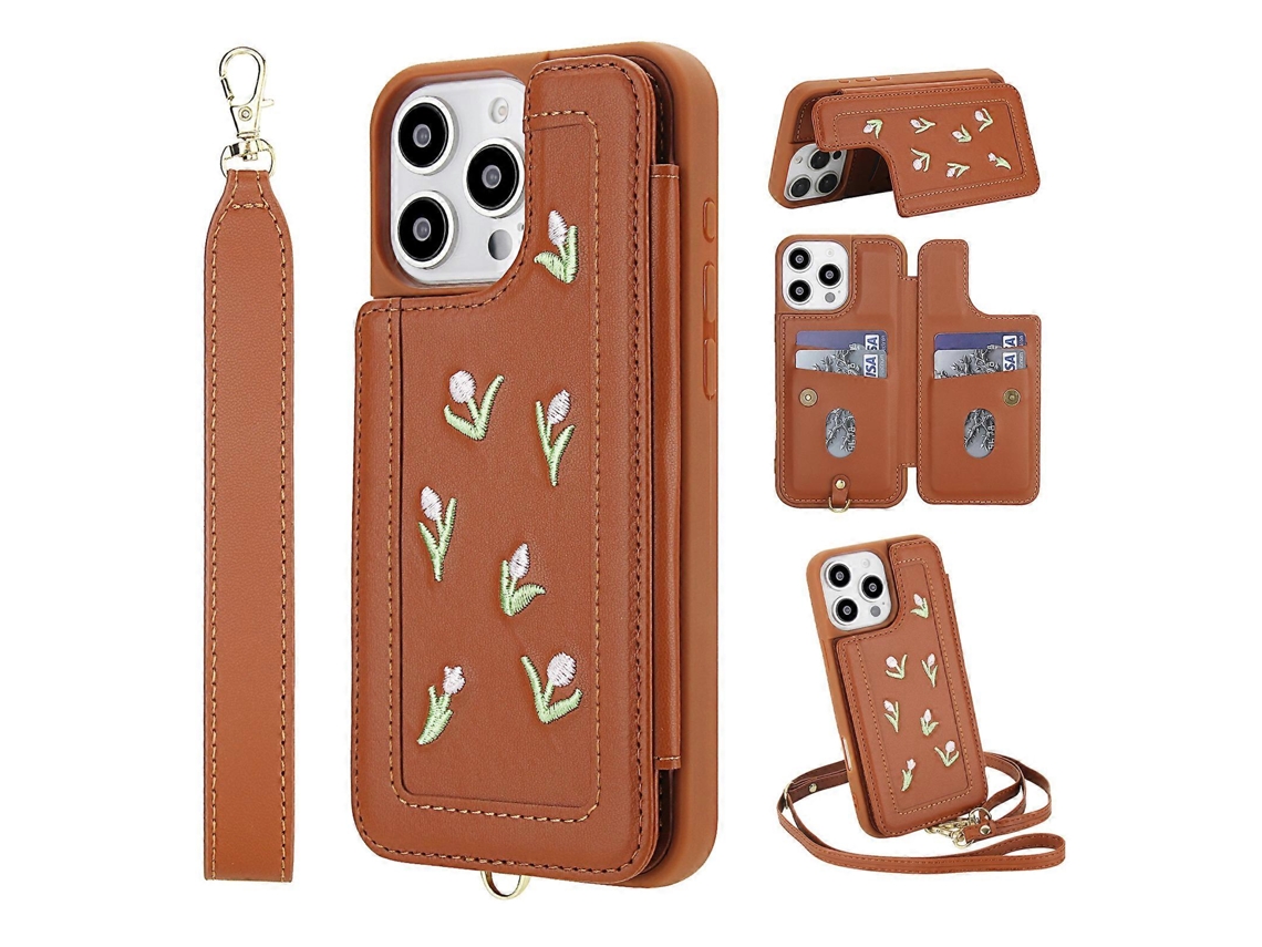 Capa Para Iphone 16 Pro Max Com Estampa De Tulipas Bordadas, Couro Sintético, Porta-cartões, Capa Traseira Com Alça De Ombro E Pulseira Marrom