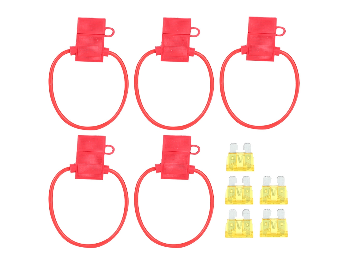 Porta-fusíveis em linha de 5 peças, tamanho médio, com 5 fusíveis de lâmina ATC/ATO vermelhos de 20 A para carro, barco e RV.