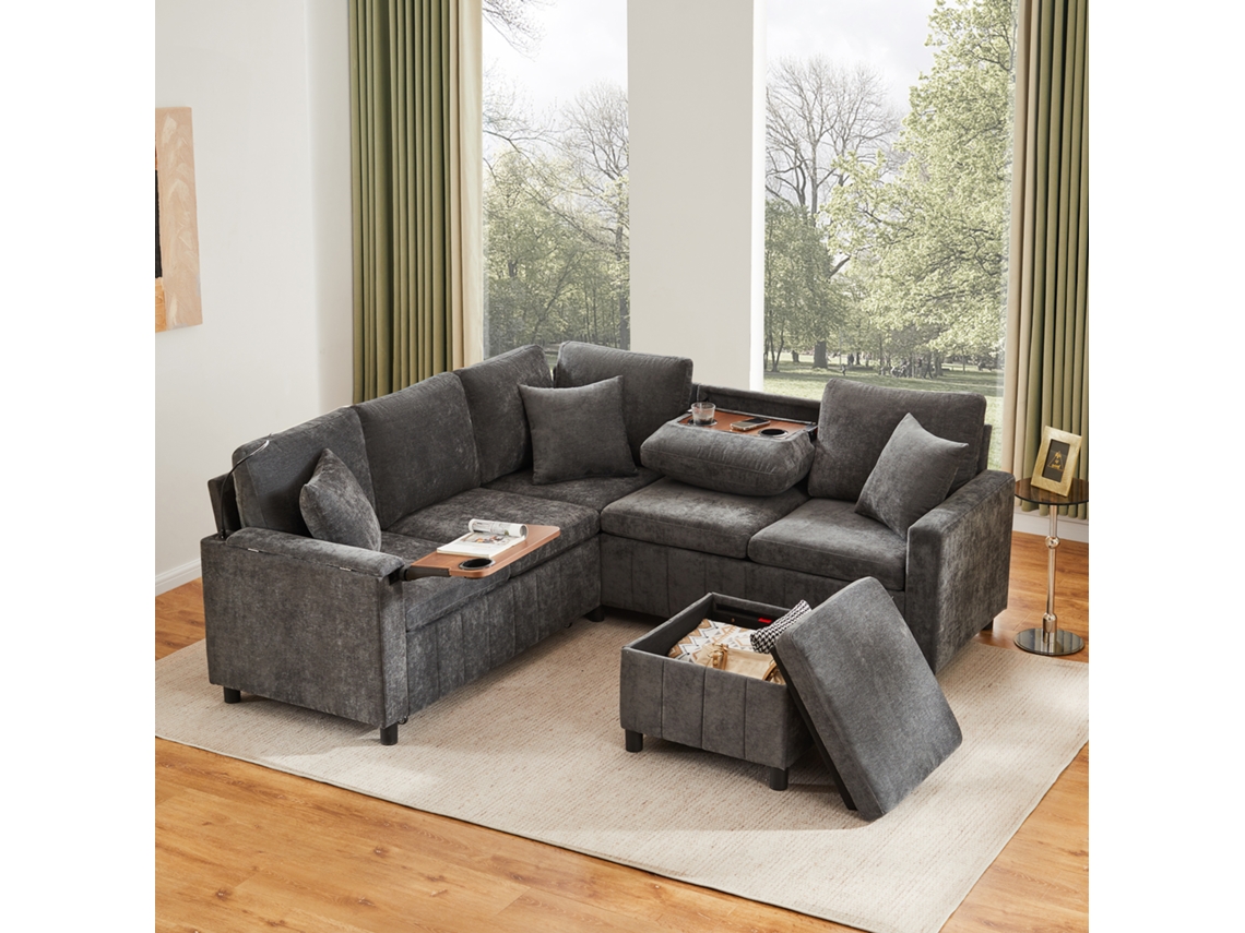 Sofá-cama com borda em chenille e suporte USB, acabamento cinza.