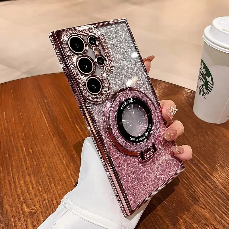 Capa Magnética Para Celular Samsung S25 Com Degradê De Strass E Suporte Magsafe (rosa).