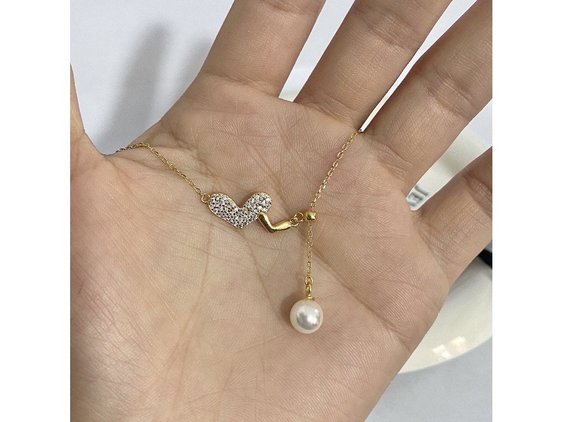 Meu Coração Ainda Está Aqui~ 925 Prata, Colar com Pingente de Pérola e Duas Corações em Forma de Y, Ajustável e Elegante MDUG (dourado)